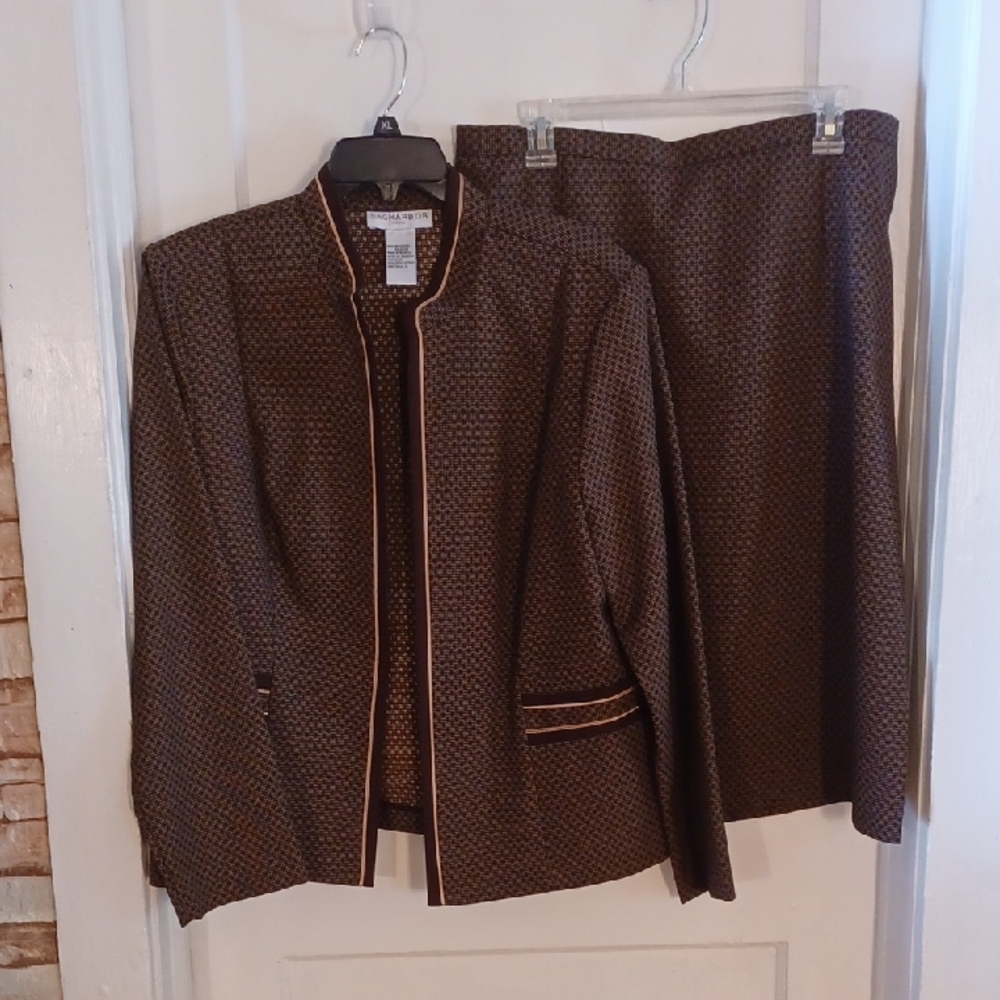 Sag Harbor Brown and Tan  Patterned Blazer and Skirt Set